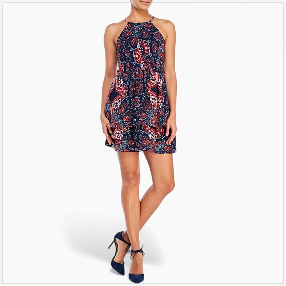 Parker Dax Ruffle Lace Up Tiered Bandana Print Dress Red White Blue NWT NEW S